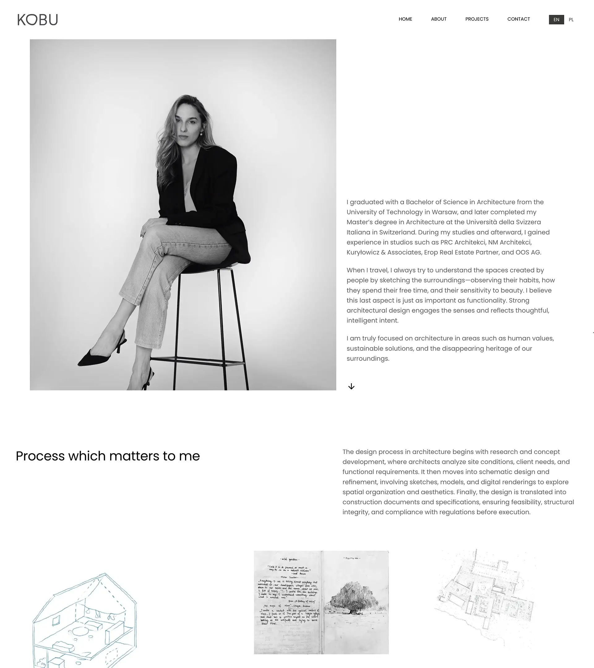 Kobu Studio architectural office website — studio philosophy section on desktop
