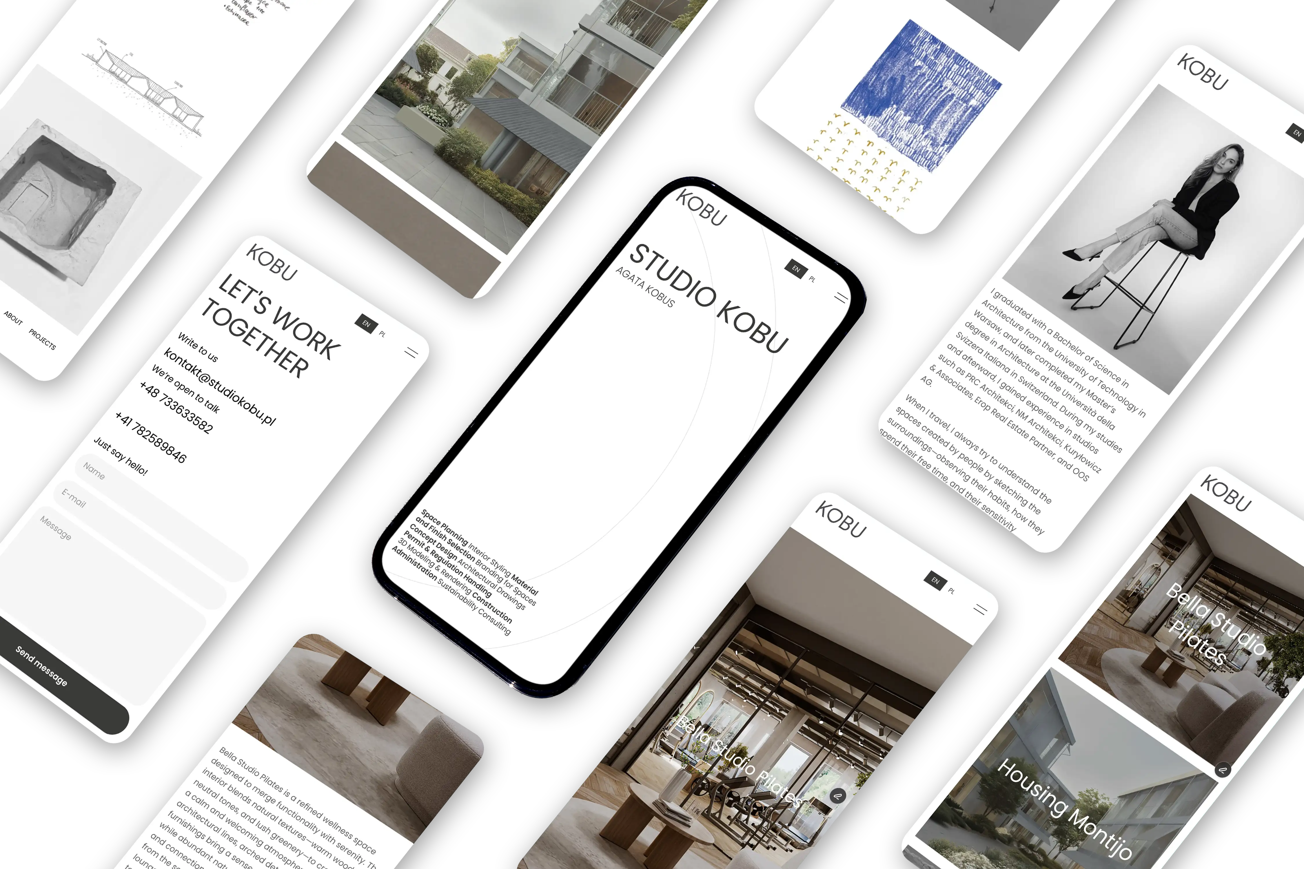 Kobu Studio architectural office website — responsive mobile design across multiple screens