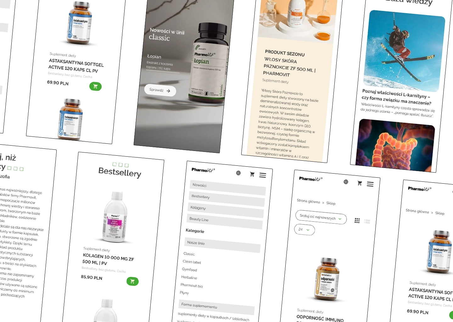 Pharmovit supplement e-commerce store — responsive mobile design across multiple screens