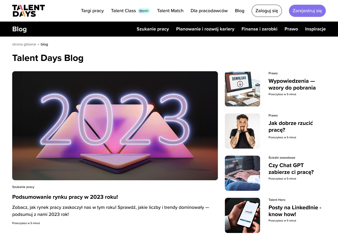 Talent Days student career blog — original article layout audited before the redesign, on desktop