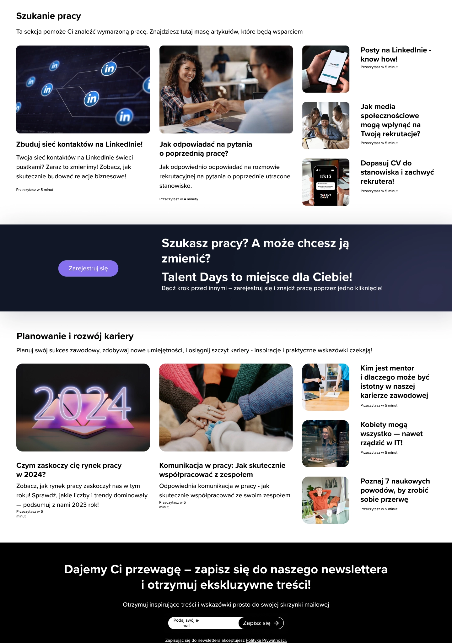 Talent Days student career blog — single article reading view on desktop