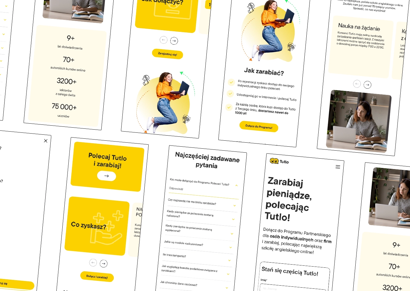 Tutlo English learning platform — responsive mobile design across multiple screens